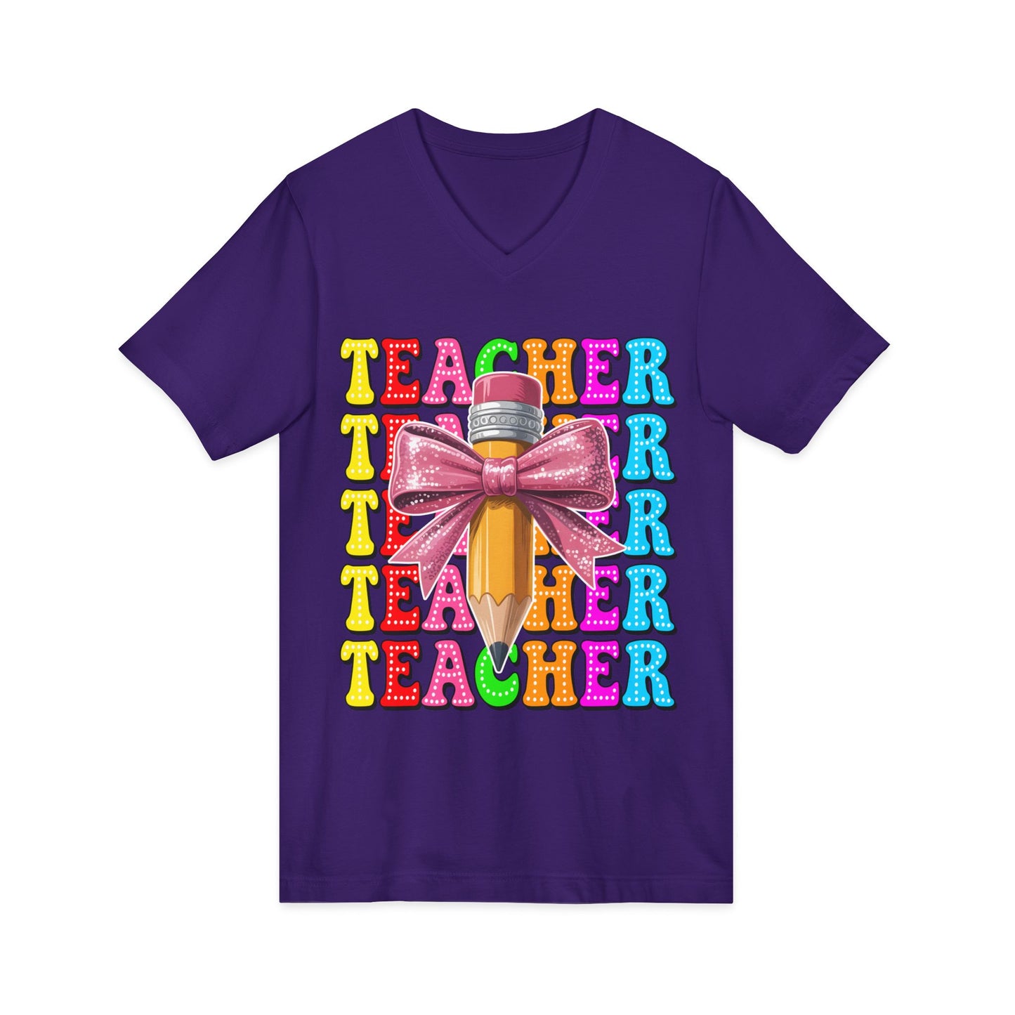 Teacher Pencil Bow V‑Neck Tee — Colorful 'Teacher' Stacked Design
