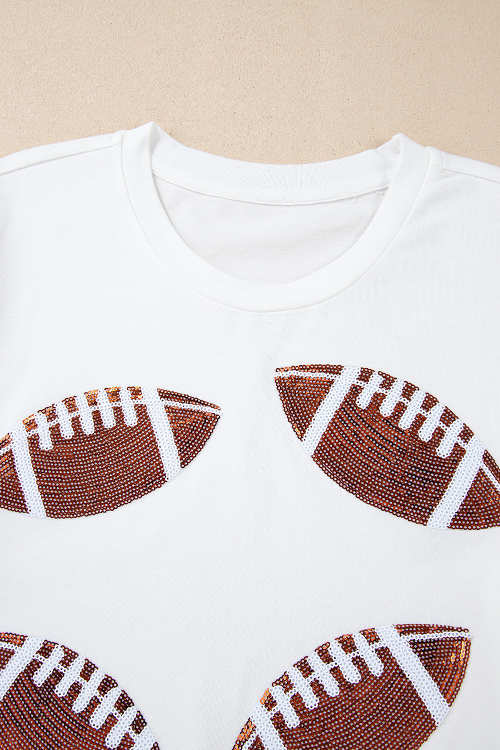 White Sequined Football Graphic Cotton T Shirt