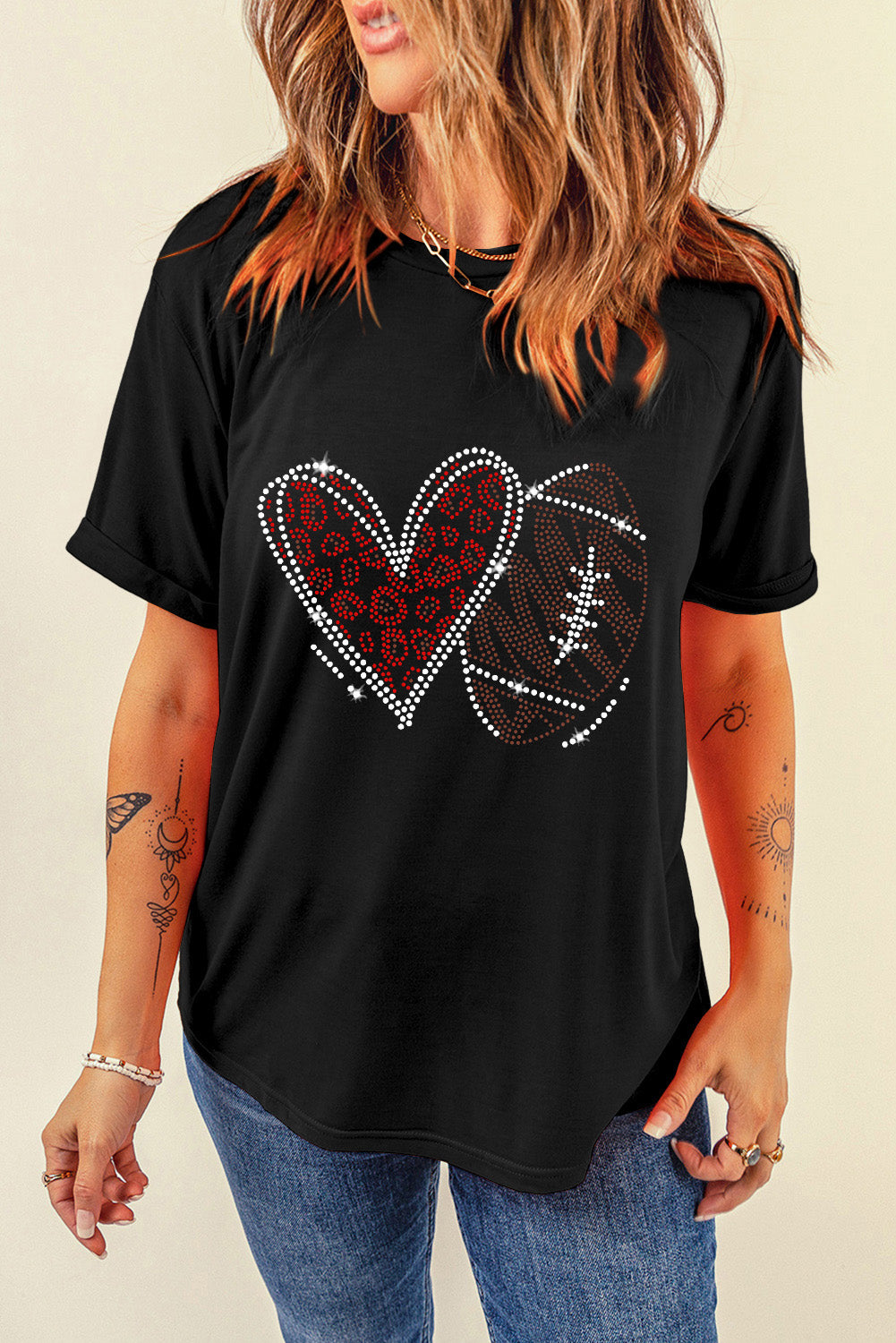 Black Rhinestone Football Heart Shape Graphic T Shirt