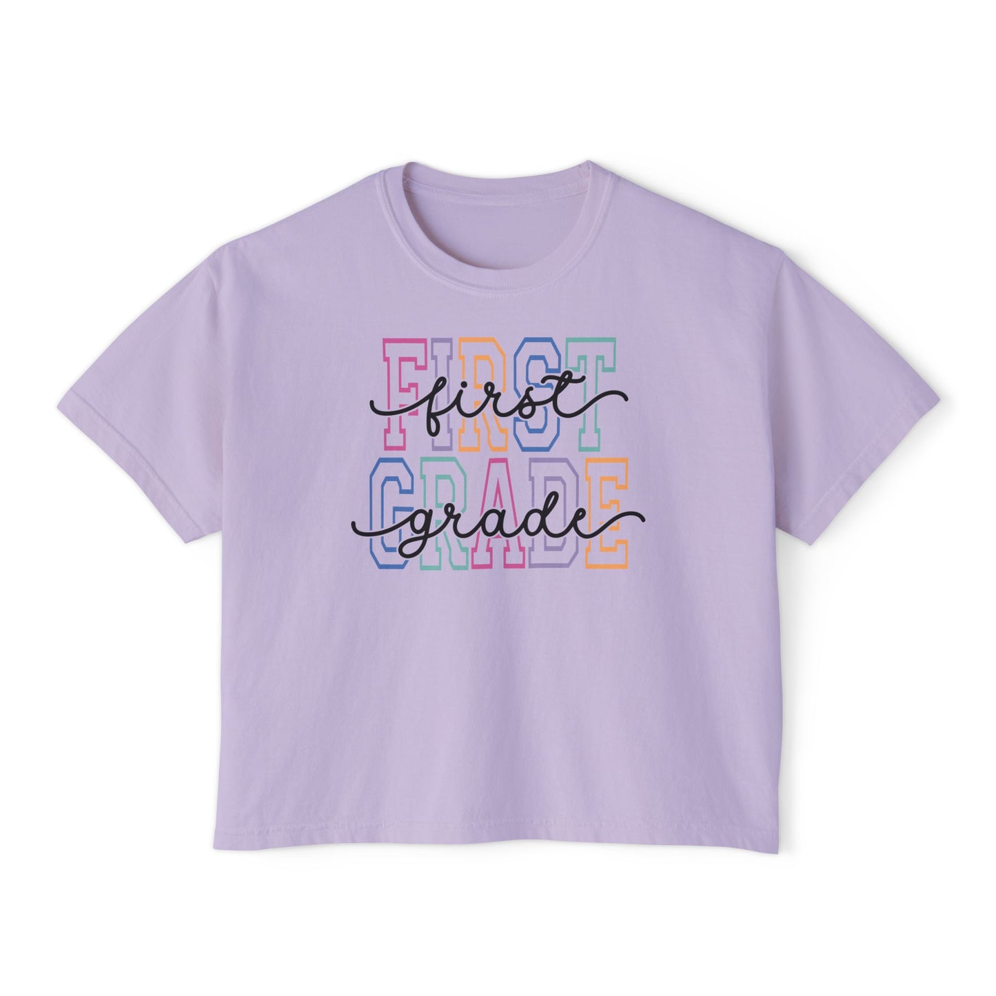First Grade Boxy Tee — Cute Pastel "First Grade" Teacher Mom Back-to-School Shirt