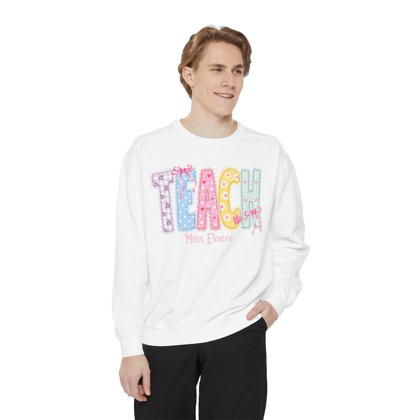 Teacher Patchwork Sweatshirt — Personalized "TEACH" Cute Pastel Graphic