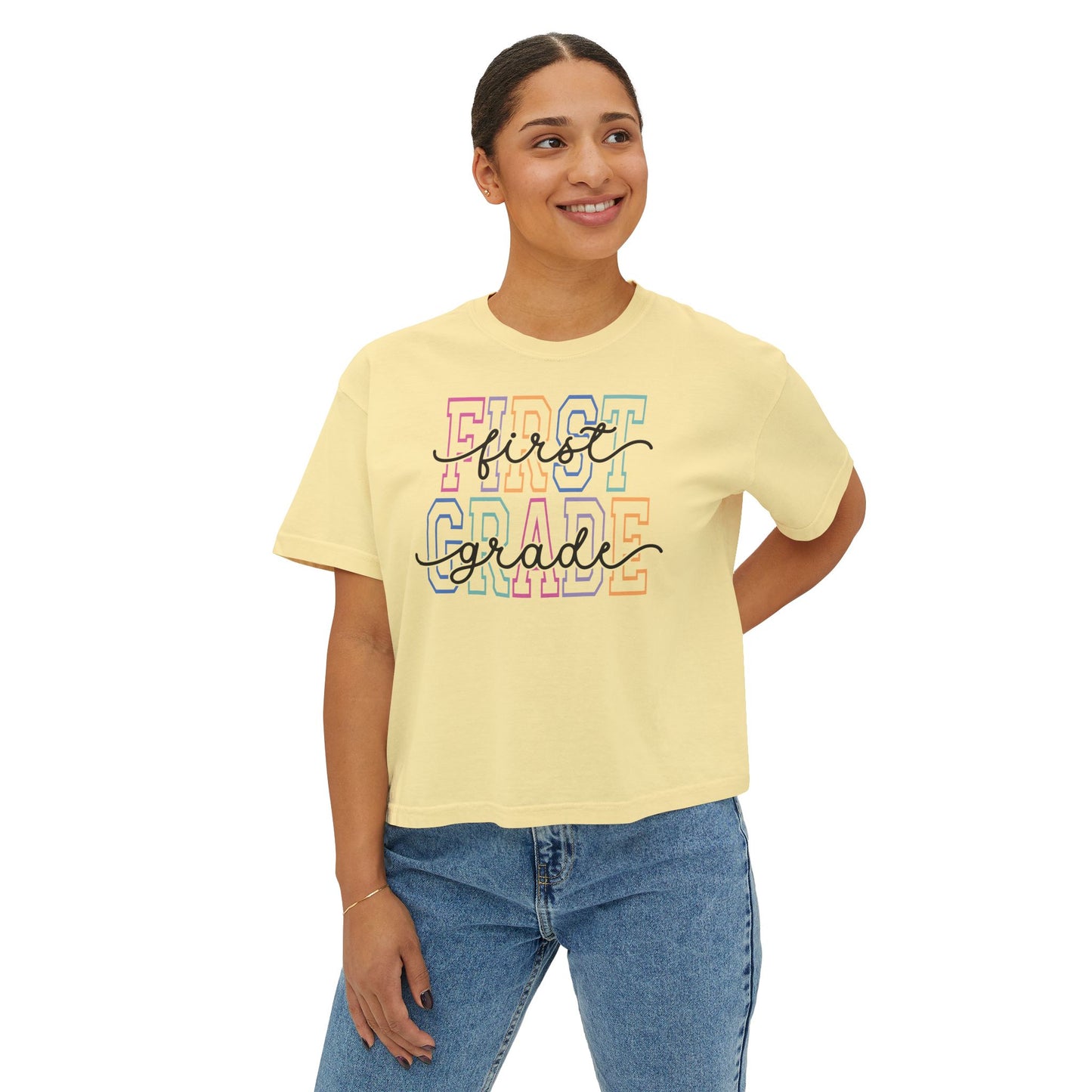 First Grade Boxy Tee — Cute Pastel "First Grade" Teacher Mom Back-to-School Shirt