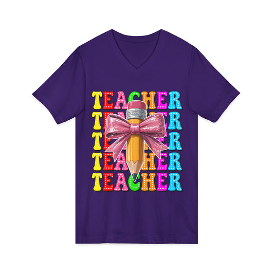 Teacher Pencil Bow V‑Neck Tee — Colorful 'Teacher' Stacked Design