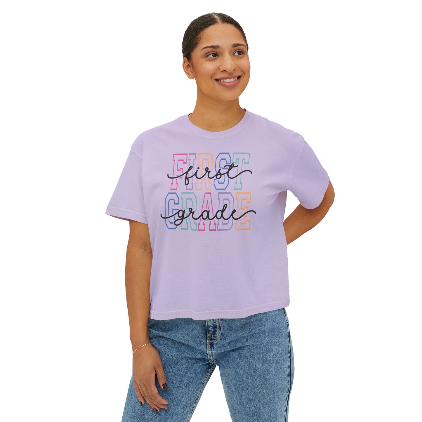 First Grade Boxy Tee — Cute Pastel "First Grade" Teacher Mom Back-to-School Shirt