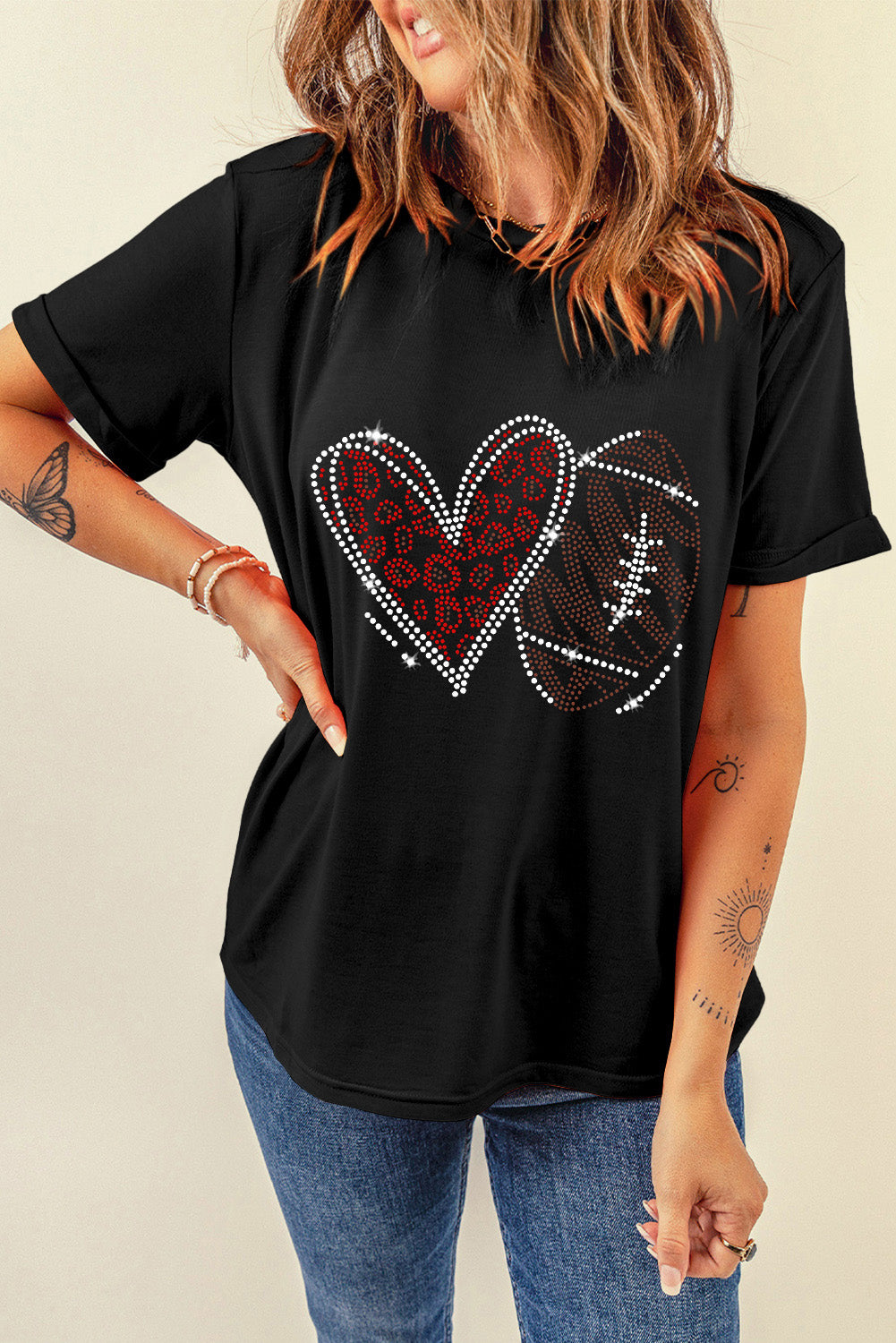 Black Rhinestone Football Heart Shape Graphic T Shirt