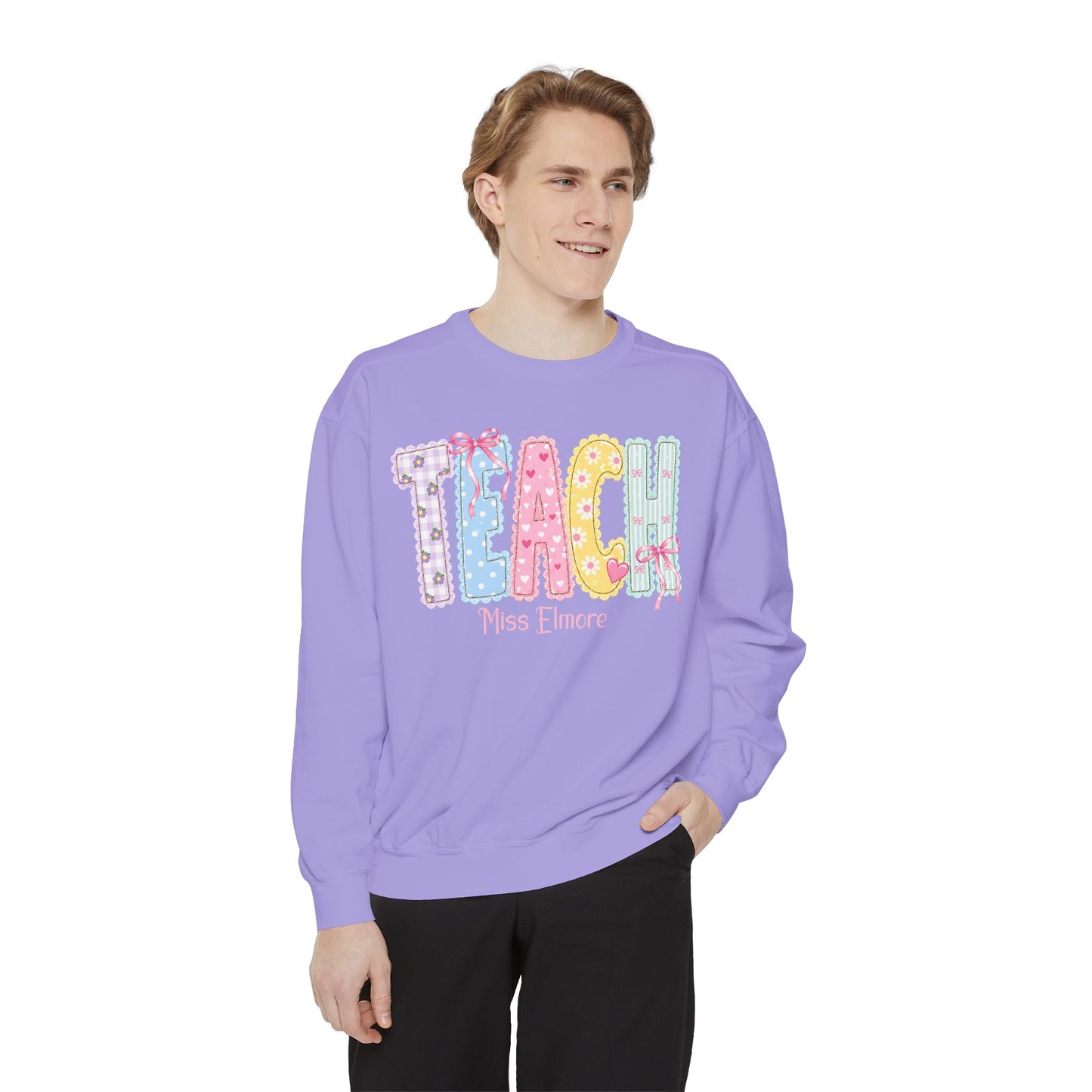 Teacher Patchwork Sweatshirt — Personalized "TEACH" Cute Pastel Graphic