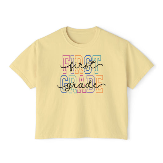 First Grade Boxy Tee — Cute Pastel "First Grade" Teacher Mom Back-to-School Shirt