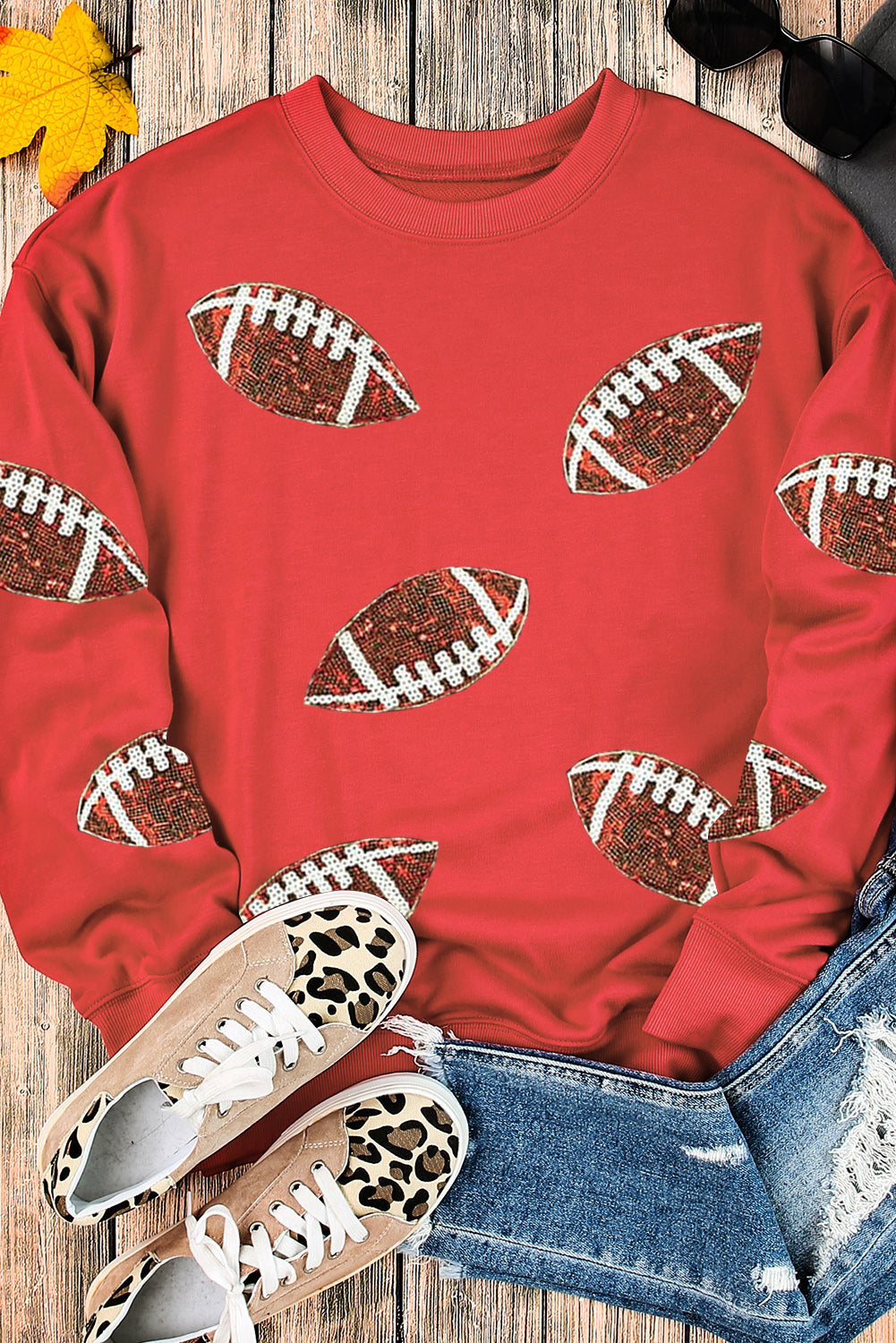 Red Sequined Football Graphic Drop Shoulder Sweatshirt