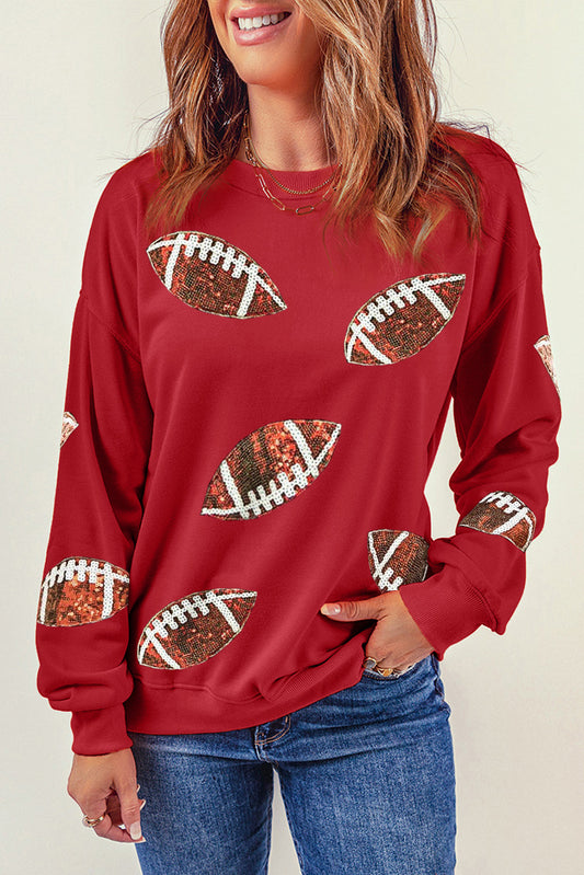 Red Sequined Football Graphic Drop Shoulder Sweatshirt