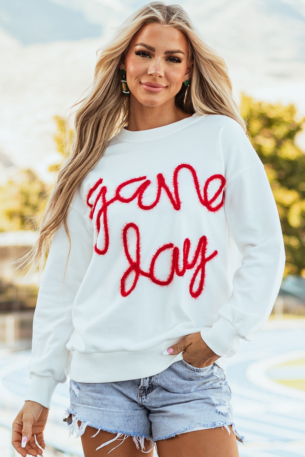 White Tinsel Game Day Drop Shoulder Graphic Sweatshirt