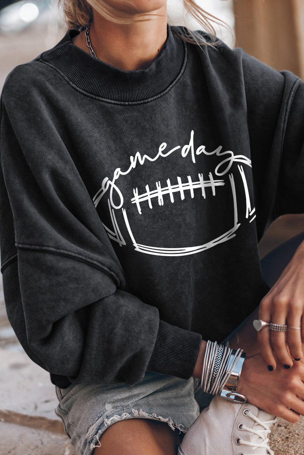 Black Football Game Day Graphic Pullover Sweatshirt