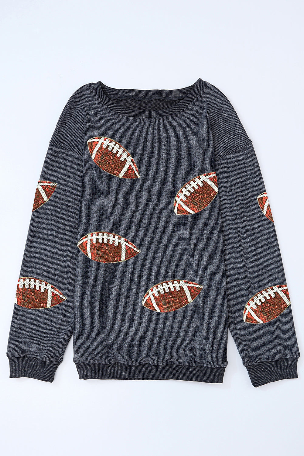 Gray Sequin Rugby Football Graphic Corded Baggy Sweatshirt