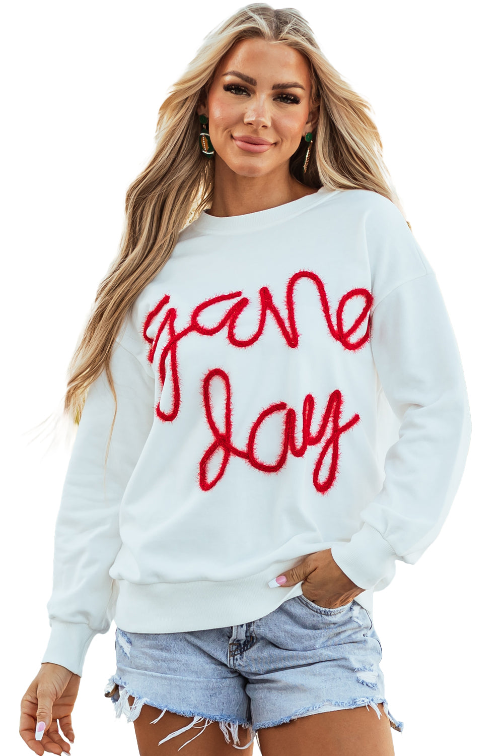 White Tinsel Game Day Drop Shoulder Graphic Sweatshirt