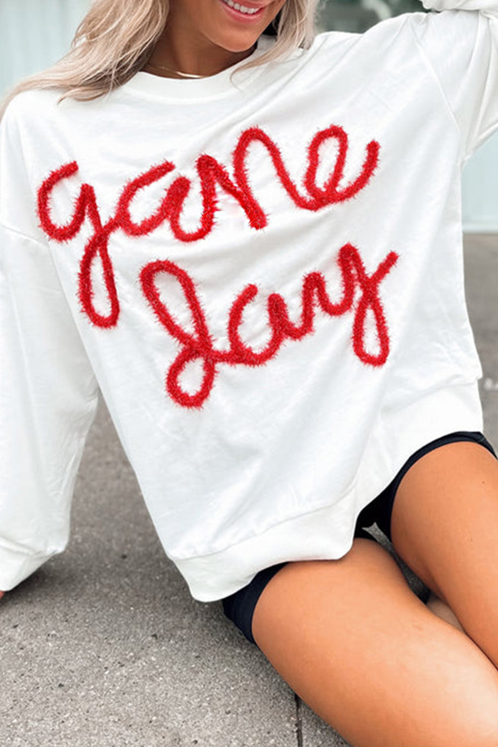 White Tinsel Game Day Drop Shoulder Graphic Sweatshirt