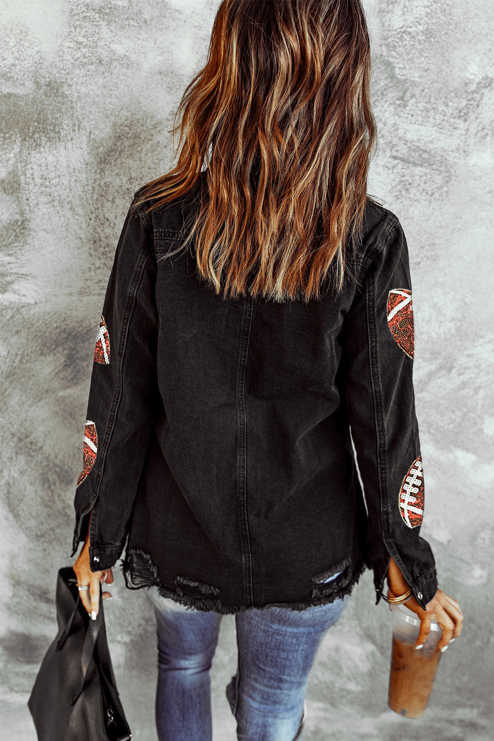 Black Sequined Rugby FootballGraphic Frayed Denim Shacket