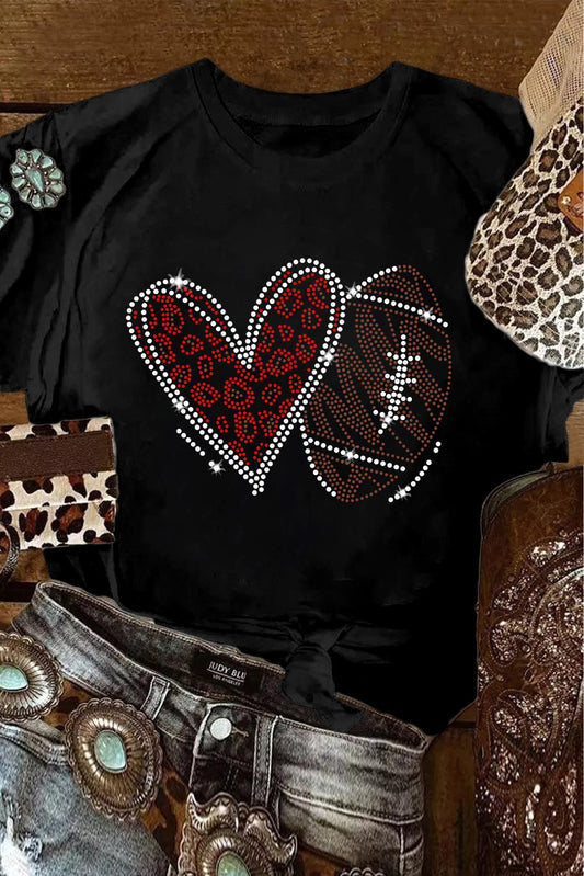 Black Rhinestone Football Heart Shape Graphic T Shirt